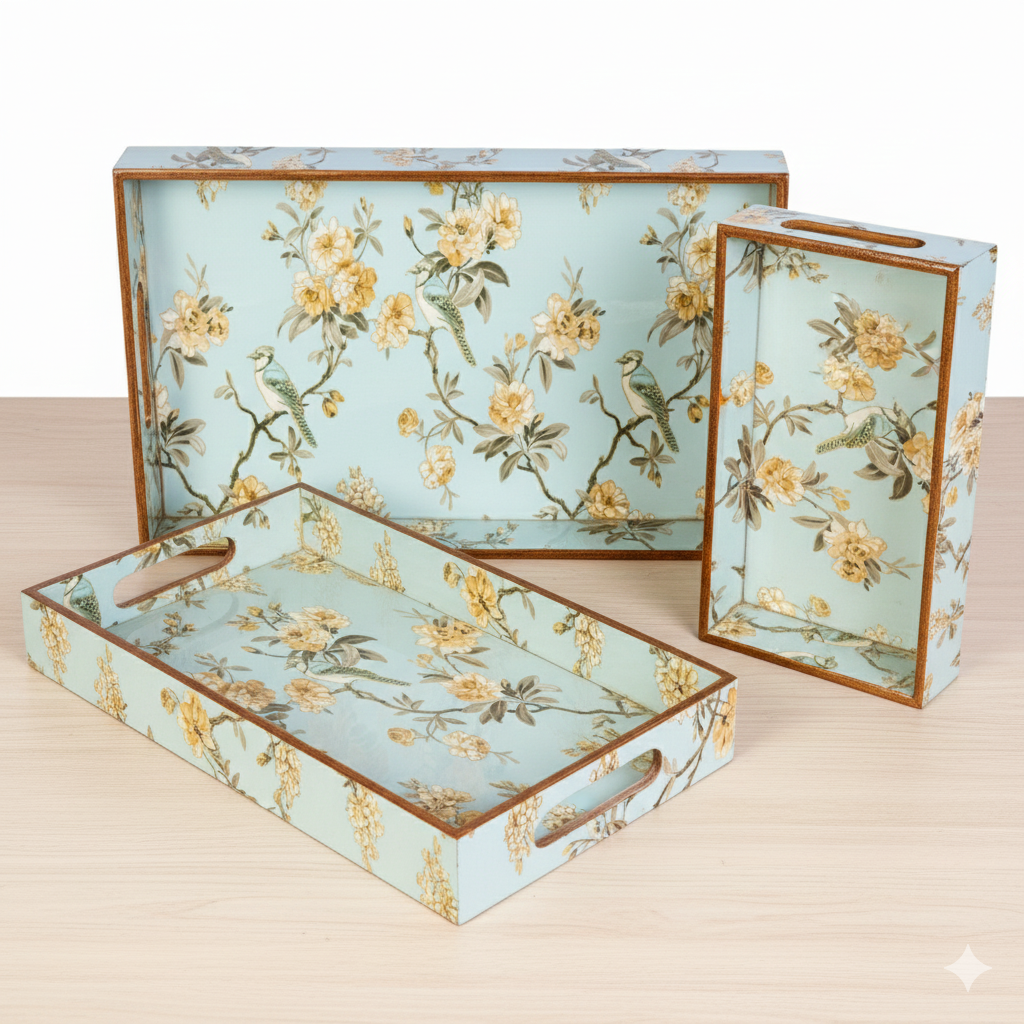 Light Green Set of 3 Rectangular Wooden Serving Trays 16", 14", 12"