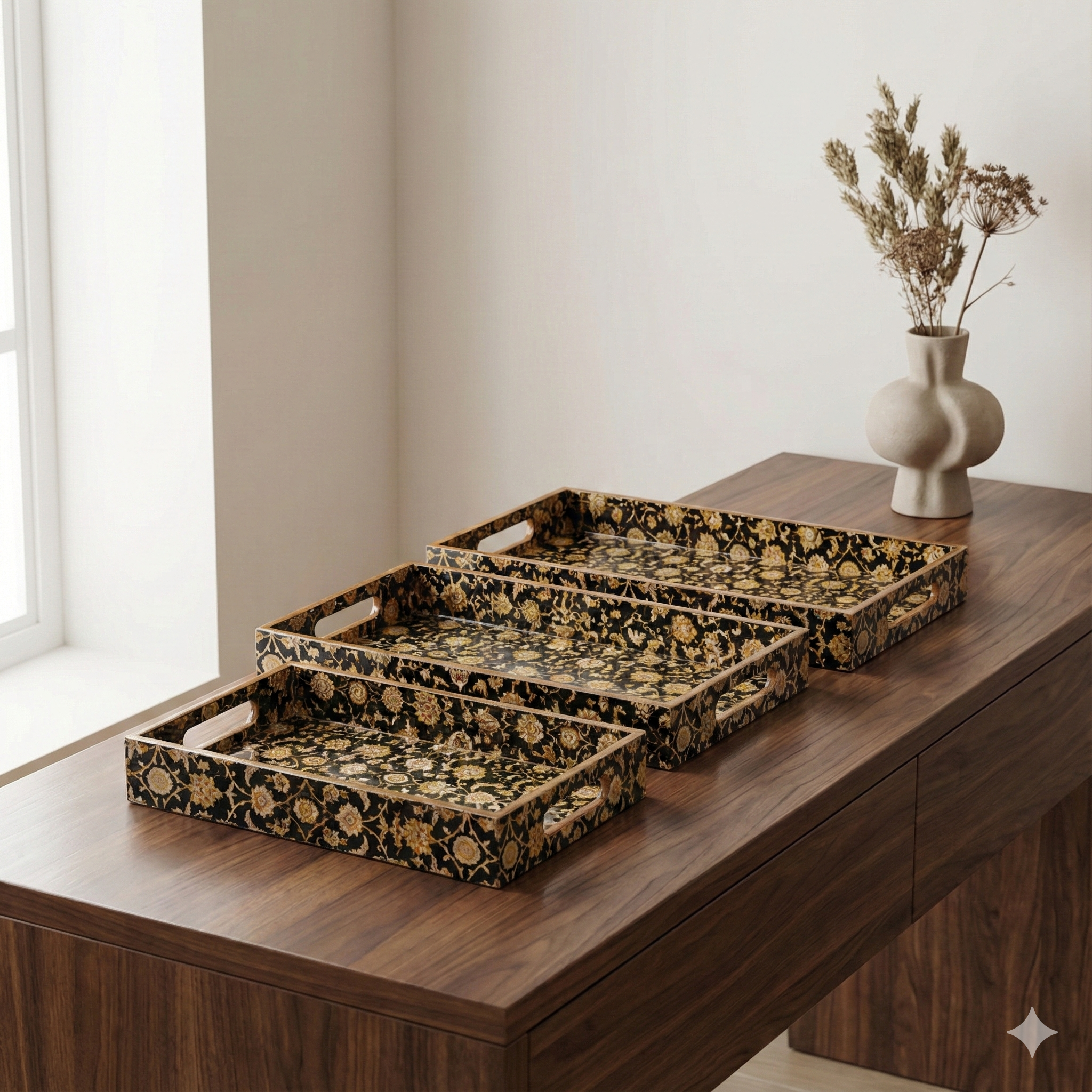 Black Design Set of 3 Rectangular Wooden Serving Trays (16", 14", 12") | Premium Mango Wood Tray Set for Kitchen, Dining, Tea/Coffee, Breakfast & Home Décor | Handcrafted Decorative Wooden Trays for Gift & Serving