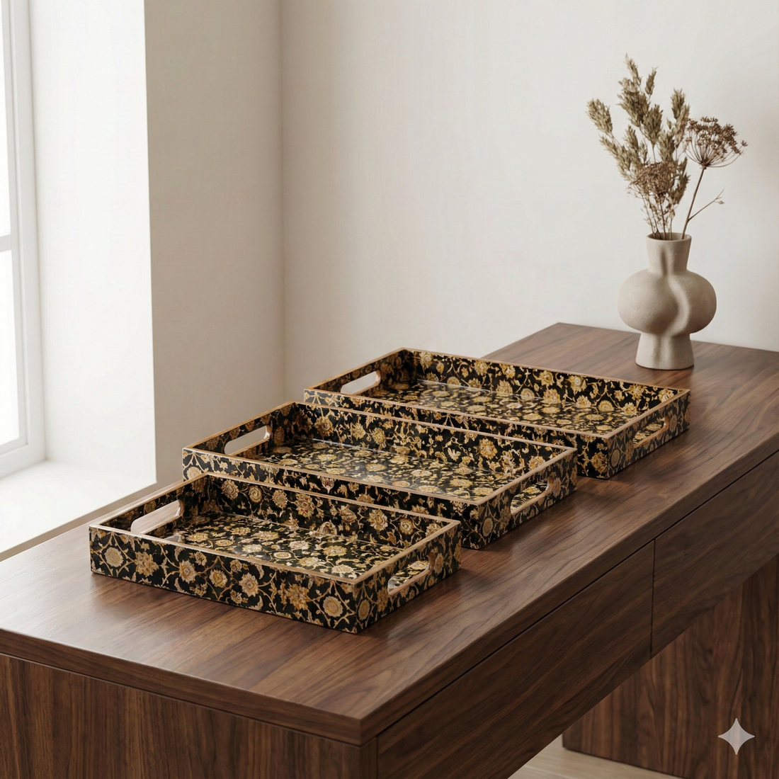 Black Design Set of 3 Rectangular Wooden Serving Trays (16", 14", 12") | Premium Mango Wood Tray Set for Kitchen, Dining, Tea/Coffee, Breakfast & Home Décor | Handcrafted Decorative Wooden Trays for Gift & Serving