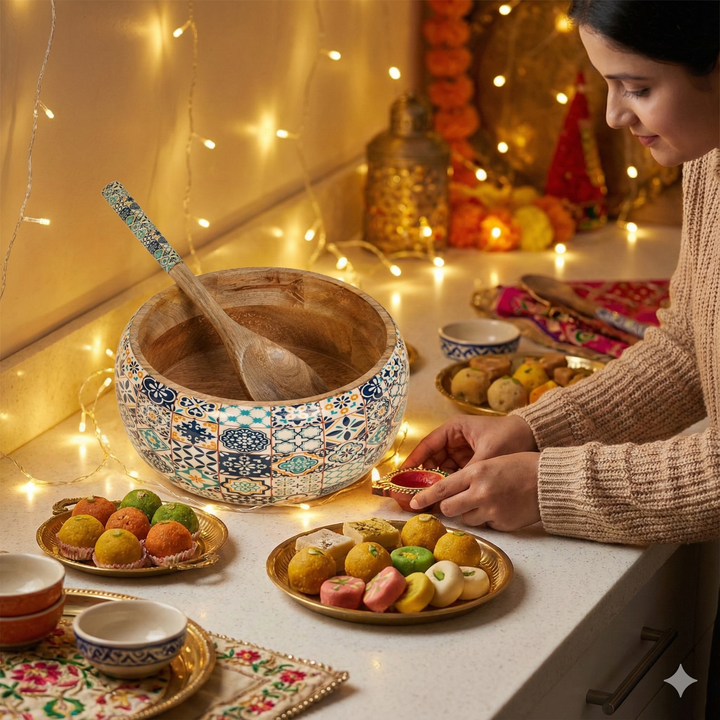 Mango Wooden Bowl with Spoon | Blue Floral Print Wooden Serving Bowl for Kitchen & Dining | Handcrafted Wooden Bowl for Salad, Snacks, Soup & Serving – 9x9x4 inch (with 8.5 inch Spoon)