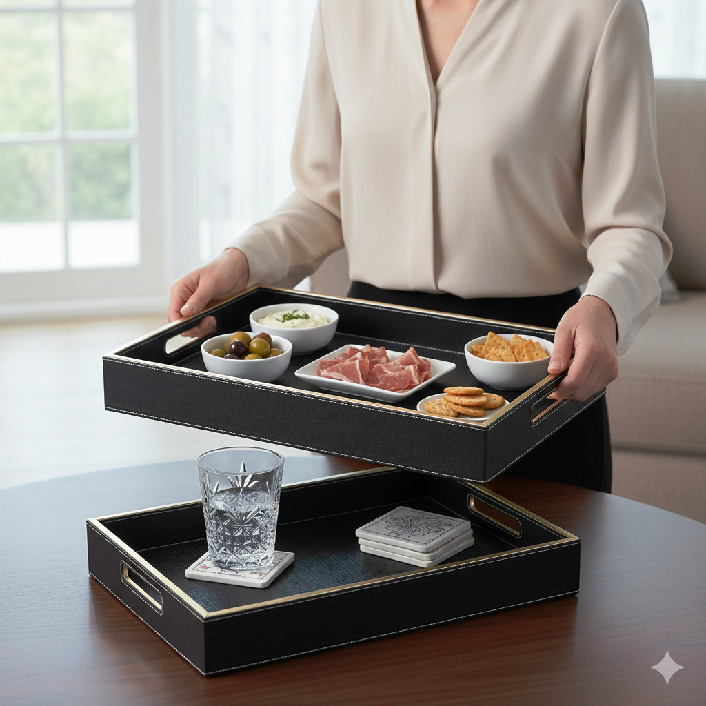 Wooden Tray Set of 2 | Rectangular Mango Wood Serving Trays | 18x12 & 16x10 Inch | Lather Finish | Decorative Kitchen, Dining & Coffee Table Tray