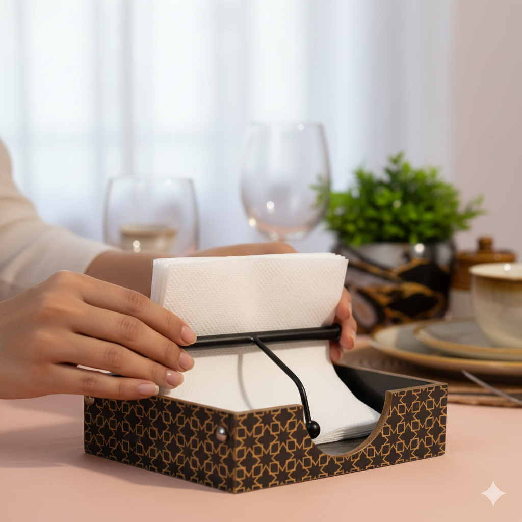 Wooden Napkin Holder for Dining Table | Handcrafted Tissue Holder Stand for Kitchen, Office & Home Décor | Wooden Tissue Paper Holder | Black Design (8 x 8 x 2.5 Inches)