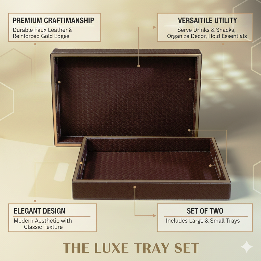 Wooden Tray Set of 2 | Rectangular Mango Wood Serving Trays | 18x12 & 16x10 Inch | Lather Finish | Decorative Kitchen, Dining & Coffee Table Tray -BROWN