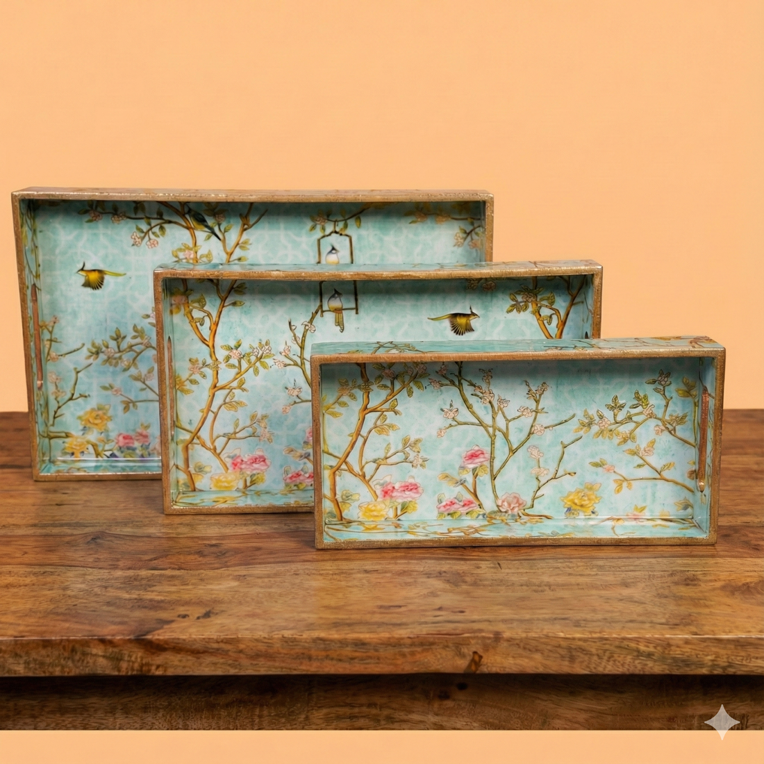 Green Set of 3 Rectangular Wooden Serving Trays 16", 14", 12"