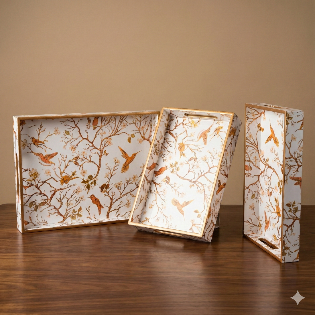 Off White Set of 3 Rectangular Wooden Serving Trays 16", 14", 12"