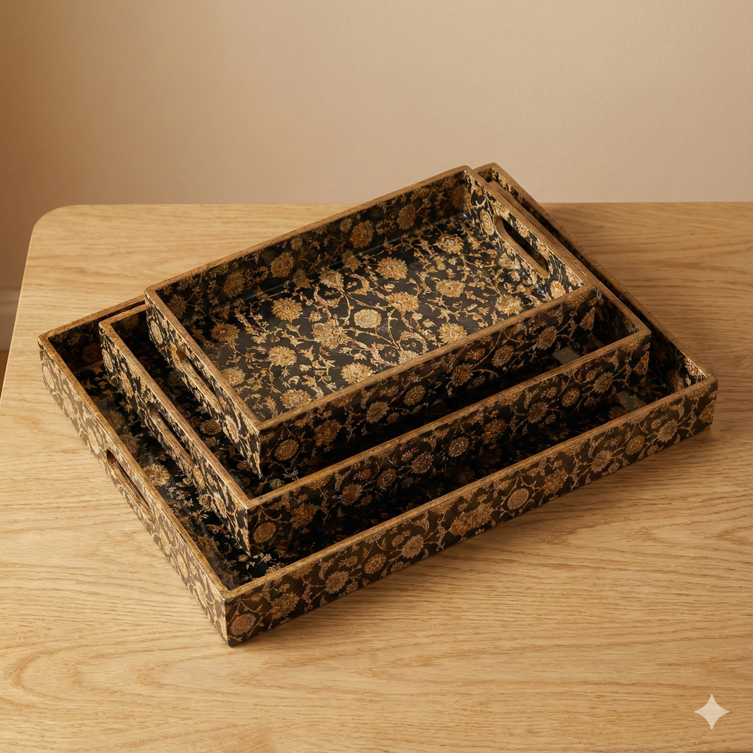 Black Design Set of 3 Rectangular Wooden Serving Trays (16", 14", 12") | Premium Mango Wood Tray Set for Kitchen, Dining, Tea/Coffee, Breakfast & Home Décor | Handcrafted Decorative Wooden Trays for Gift & Serving