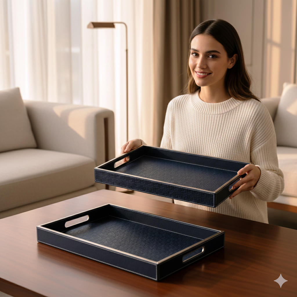 Wooden Tray Set of 2 | Rectangular Mango Wood Serving Trays | 18x12 & 16x10 Inch | Lather Finish | Decorative Kitchen, Dining & Coffee Table Tray