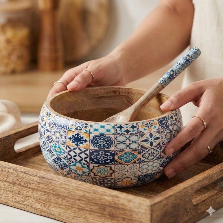 Mango Wooden Bowl with Spoon | Blue Floral Print Wooden Serving Bowl for Kitchen & Dining | Handcrafted Wooden Bowl for Salad, Snacks, Soup & Serving – 9x9x4 inch (with 8.5 inch Spoon)