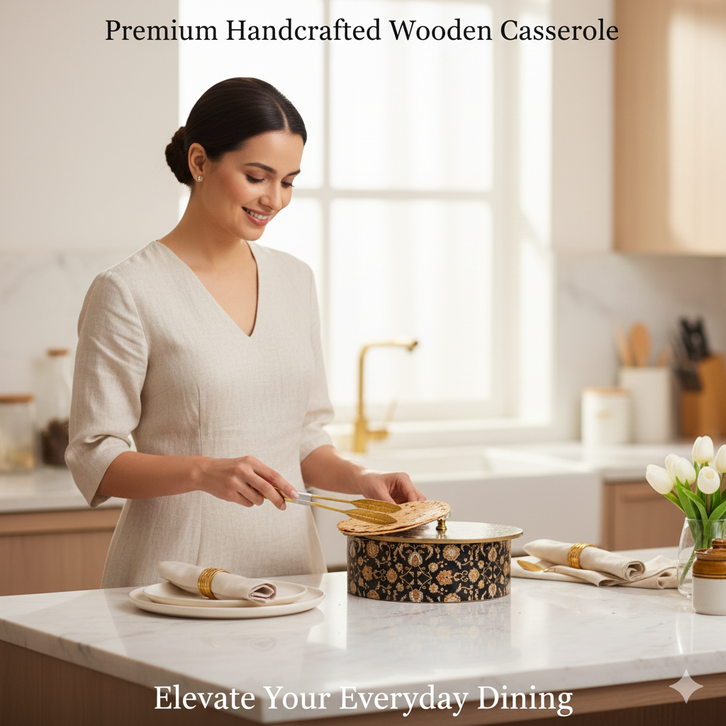 Wooden Casserole 2 Litre | Handcrafted Wooden Serving Bowl with Lid | Black Gold Design Hot Pot for Kitchen & Dining (Size 9x9x4 Inches)