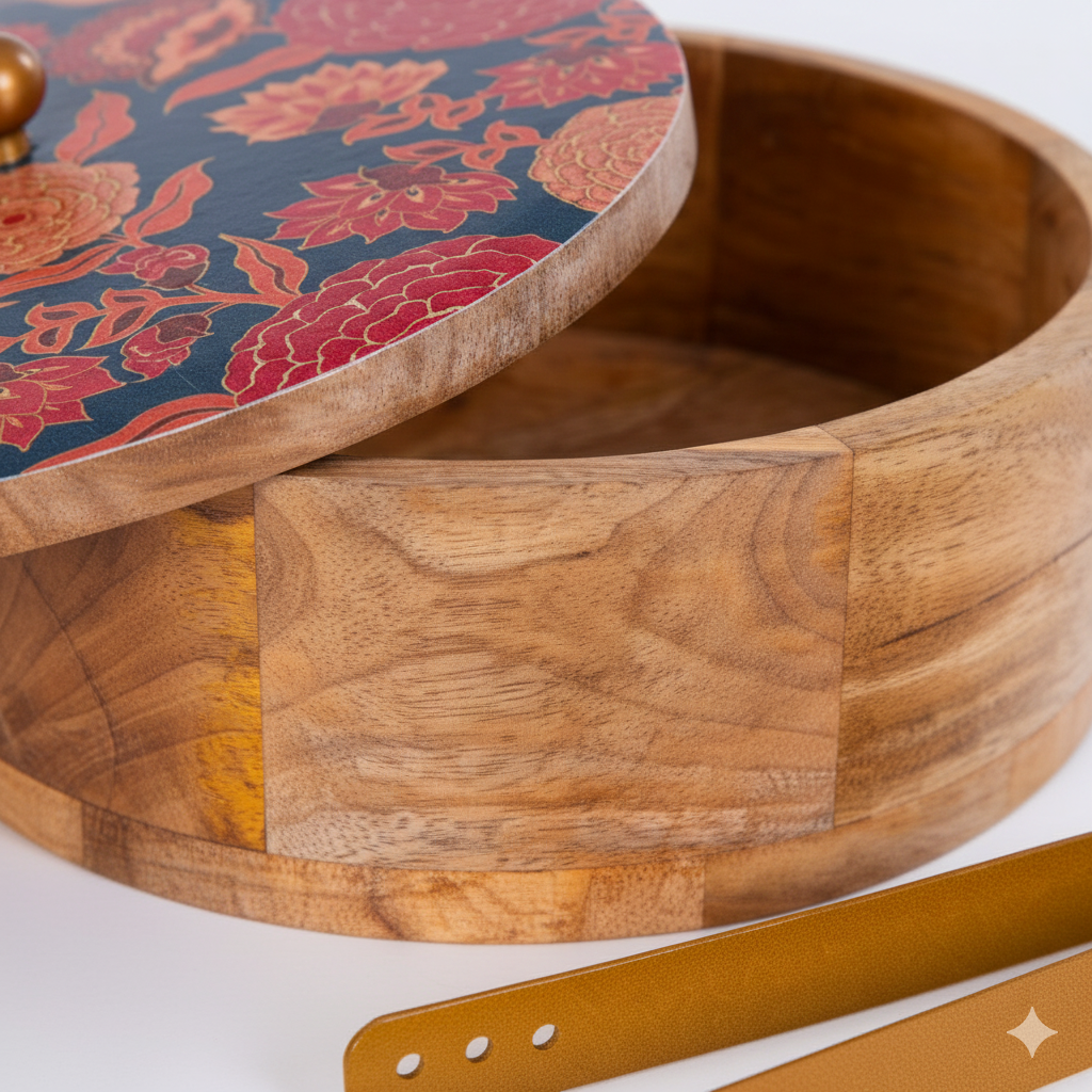 Wooden Casserole Set with Lid & Tong (9x9x3 Inches) | Premium Mango Wood Chapati Box for Kitchen & Dining Table | Handmade Hot Casserole Bowl for Roti, Bread & Food Storage