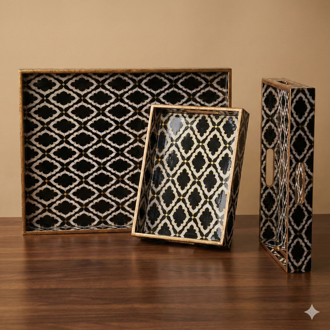 Set of 3 Wooden Serving Trays with Gold Engraving – Elegant Home Decor & Organizer (16″, 14″, 12″) – Black & White