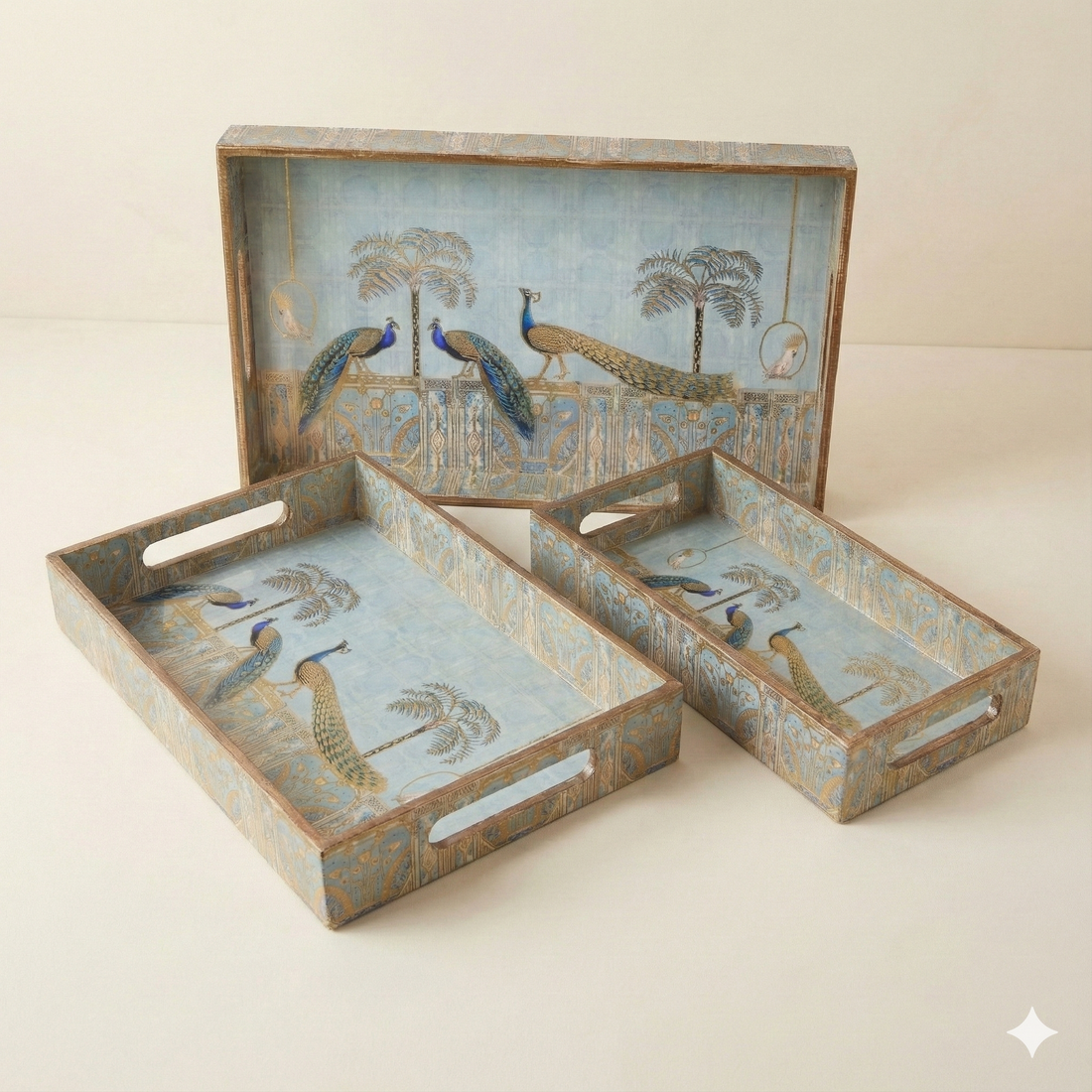 Amimashop® Peacock Set of 3 Rectangular Wooden Serving Trays 16", 14", 12"