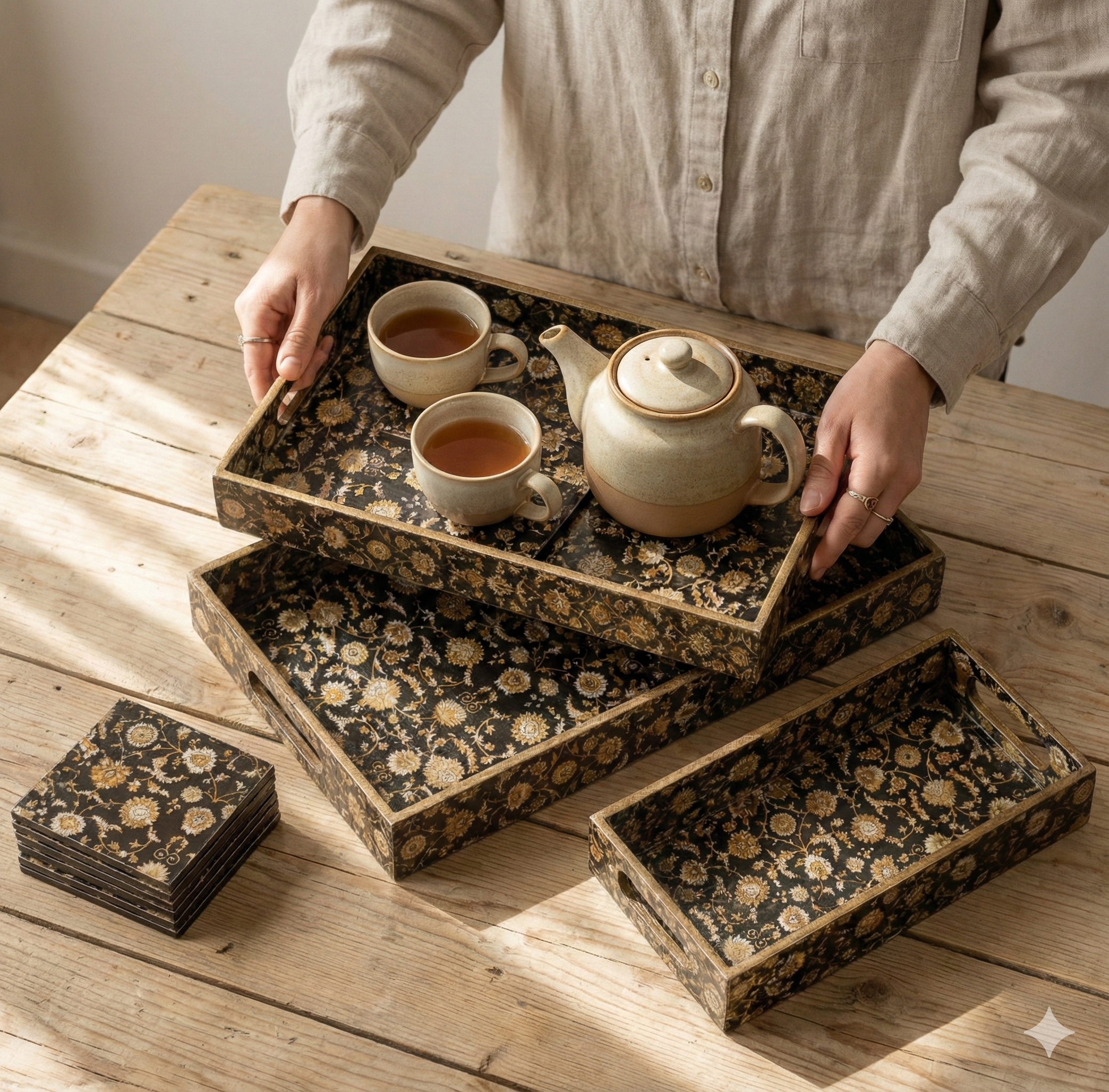 Premium Wooden Tray Set of 3 with 6 Coasters | Large, Medium & Small Sizes for Serving, Dining & Decor