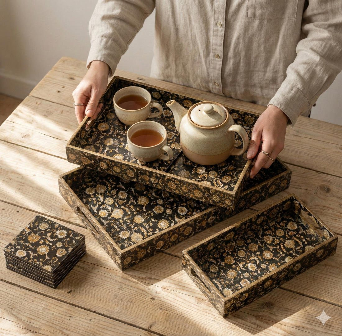 Premium Wooden Tray Set of 3 with 6 Coasters | Large, Medium & Small Sizes for Serving, Dining & Decor