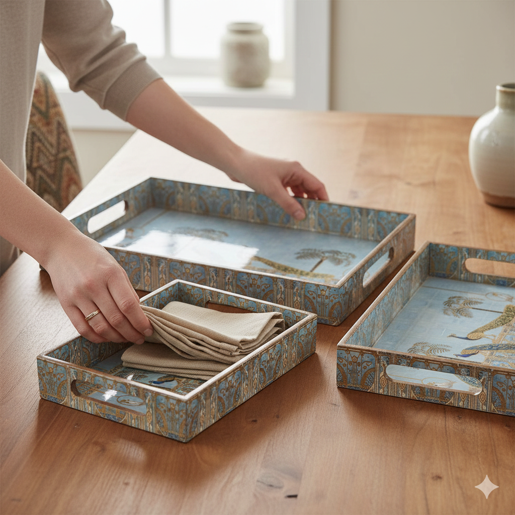 Amimashop® Peacock Set of 3 Rectangular Wooden Serving Trays 16", 14", 12"