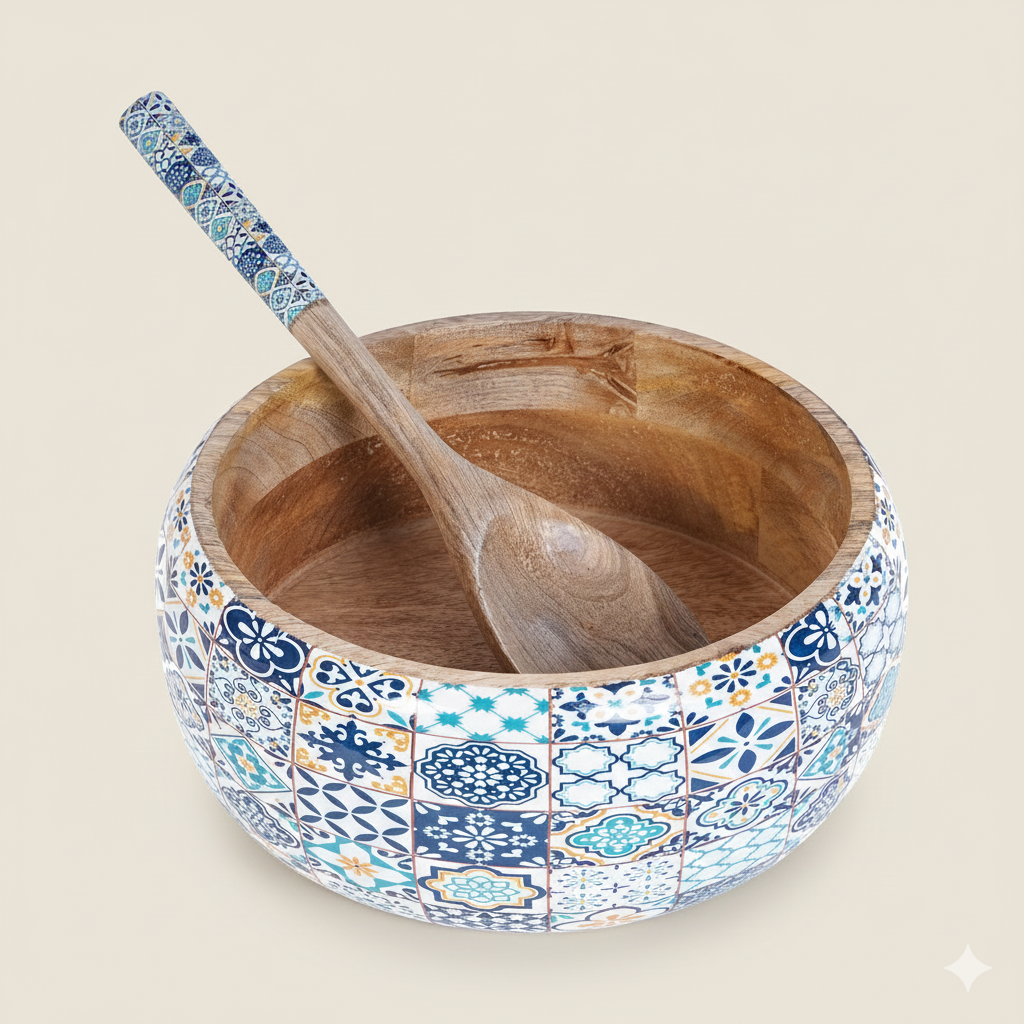 Mango Wooden Bowl with Spoon | Blue Floral Print Wooden Serving Bowl for Kitchen & Dining | Handcrafted Wooden Bowl for Salad, Snacks, Soup & Serving – 9x9x4 inch (with 8.5 inch Spoon)