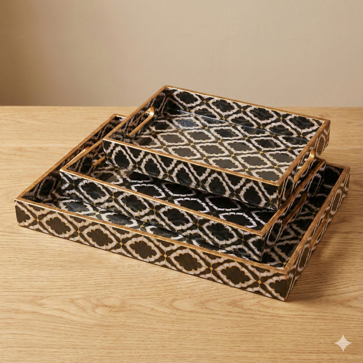 Set of 3 Wooden Serving Trays with Gold Engraving – Elegant Home Decor & Organizer (16″, 14″, 12″) – Black & White