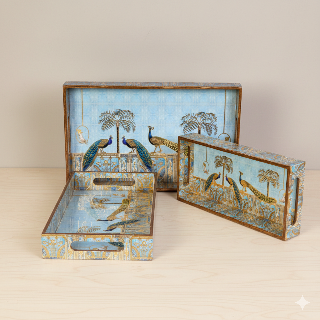 Amimashop® Peacock Set of 3 Rectangular Wooden Serving Trays 16", 14", 12"