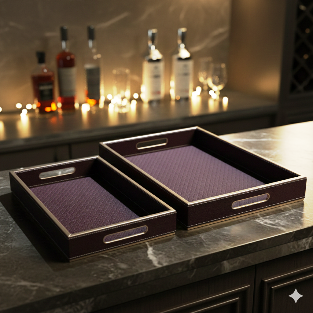 Wooden Tray Set of 2 | Rectangular Mango Wood Serving Trays | 18x12 & 16x10 Inch | Lather Finish | Decorative Kitchen, Dining & Coffee Table Tray -BROWN