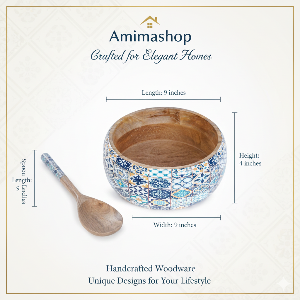 Mango Wooden Bowl with Spoon | Blue Floral Print Wooden Serving Bowl for Kitchen & Dining | Handcrafted Wooden Bowl for Salad, Snacks, Soup & Serving – 9x9x4 inch (with 8.5 inch Spoon)