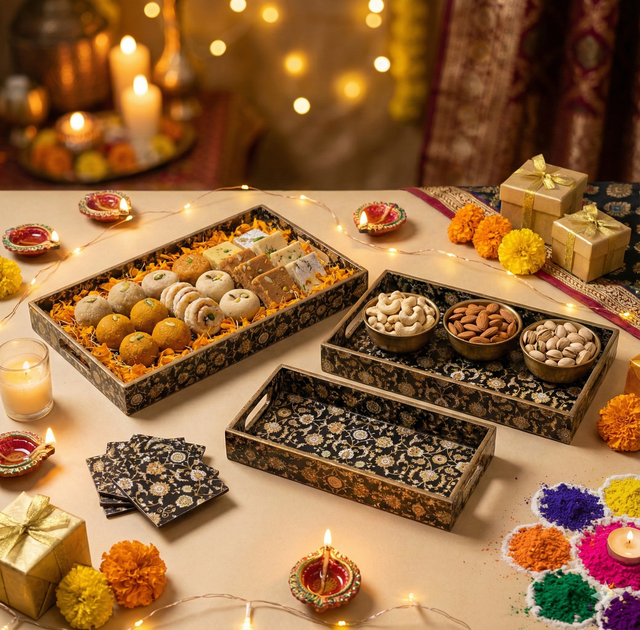 Premium Wooden Tray Set of 3 with 6 Coasters | Large, Medium & Small Sizes for Serving, Dining & Decor