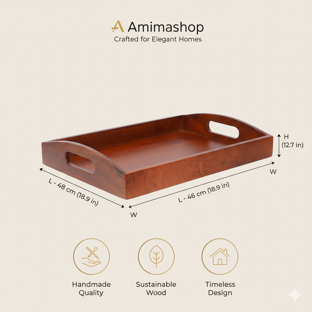 Large Wooden Serving Tray (40x27x7 cm) | Premium Mango Wood Rectangular Tray for Kitchen, Dining Table, Tea/Coffee, Breakfast & Party | Handcrafted Decorative Serving Platter for Home & Gifts