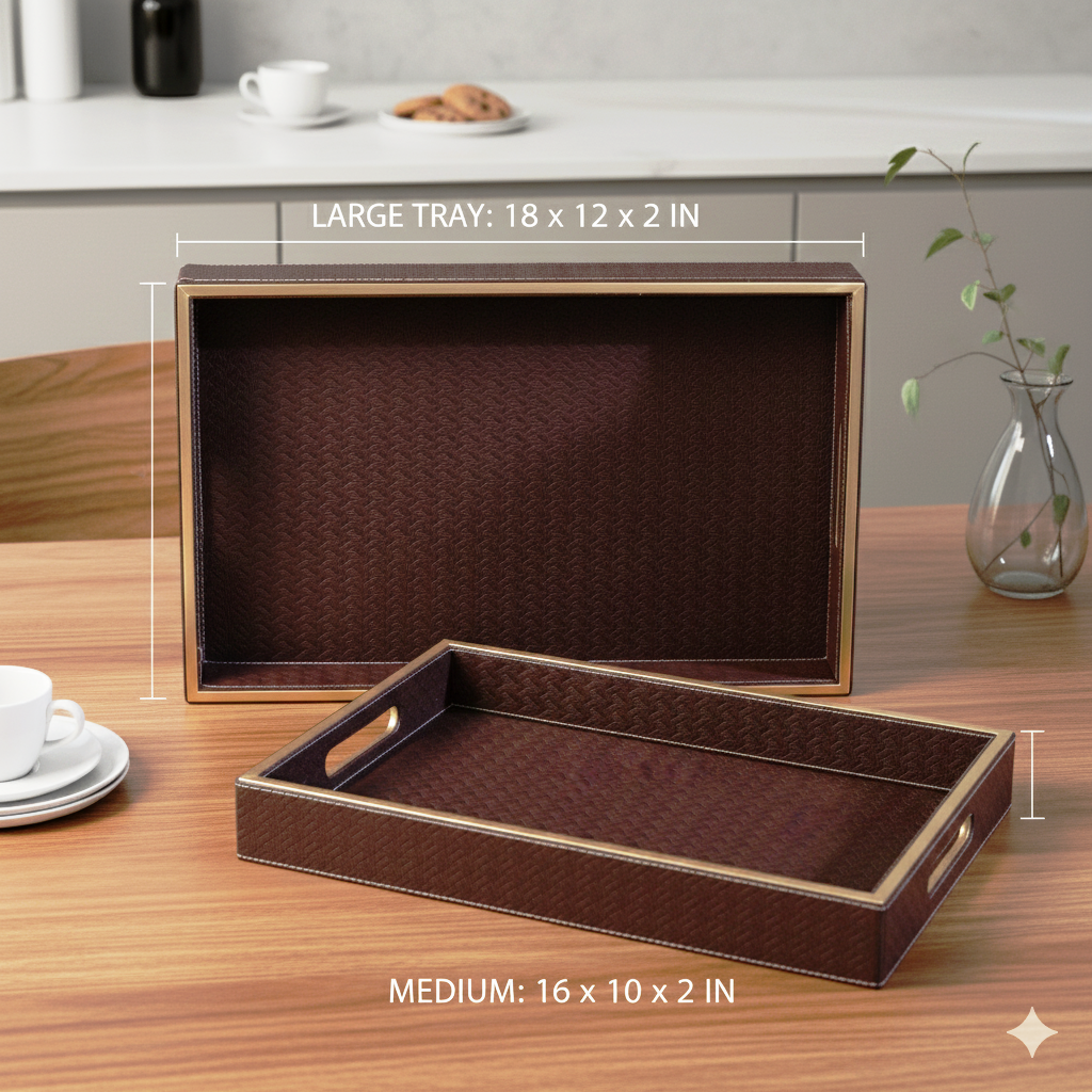 Wooden Tray Set of 2 | Rectangular Mango Wood Serving Trays | 18x12 & 16x10 Inch | Lather Finish | Decorative Kitchen, Dining & Coffee Table Tray -BROWN