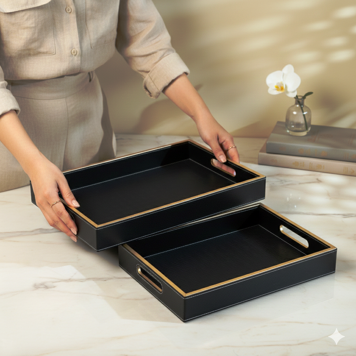 Wooden Tray Set of 2 | Rectangular Mango Wood Serving Trays | 18x12 & 16x10 Inch | Lather Finish | Decorative Kitchen, Dining & Coffee Table Tray