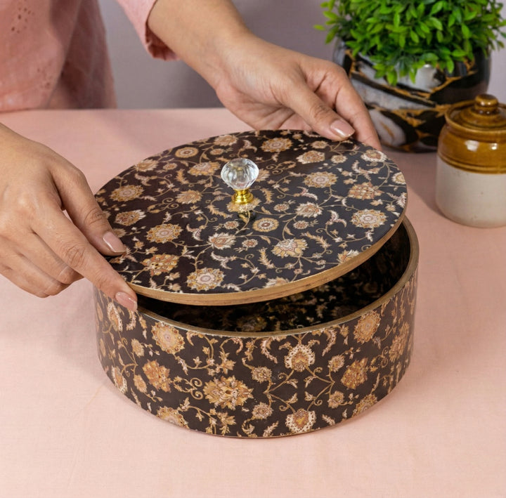 Wooden Casserole 2 Litre | Handcrafted Wooden Serving Bowl with Lid | Black Gold Design Hot Pot for Kitchen & Dining (Size 9x9x4 Inches)