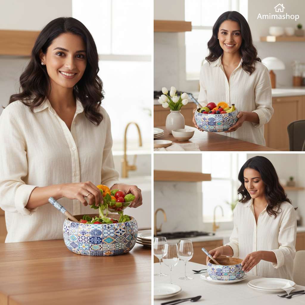Mango Wooden Bowl with Spoon | Blue Floral Print Wooden Serving Bowl for Kitchen & Dining | Handcrafted Wooden Bowl for Salad, Snacks, Soup & Serving – 9x9x4 inch (with 8.5 inch Spoon)