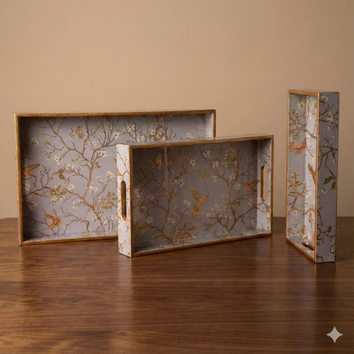 Gray Set of 3 Rectangular Wooden Serving Trays 16", 14", 12"