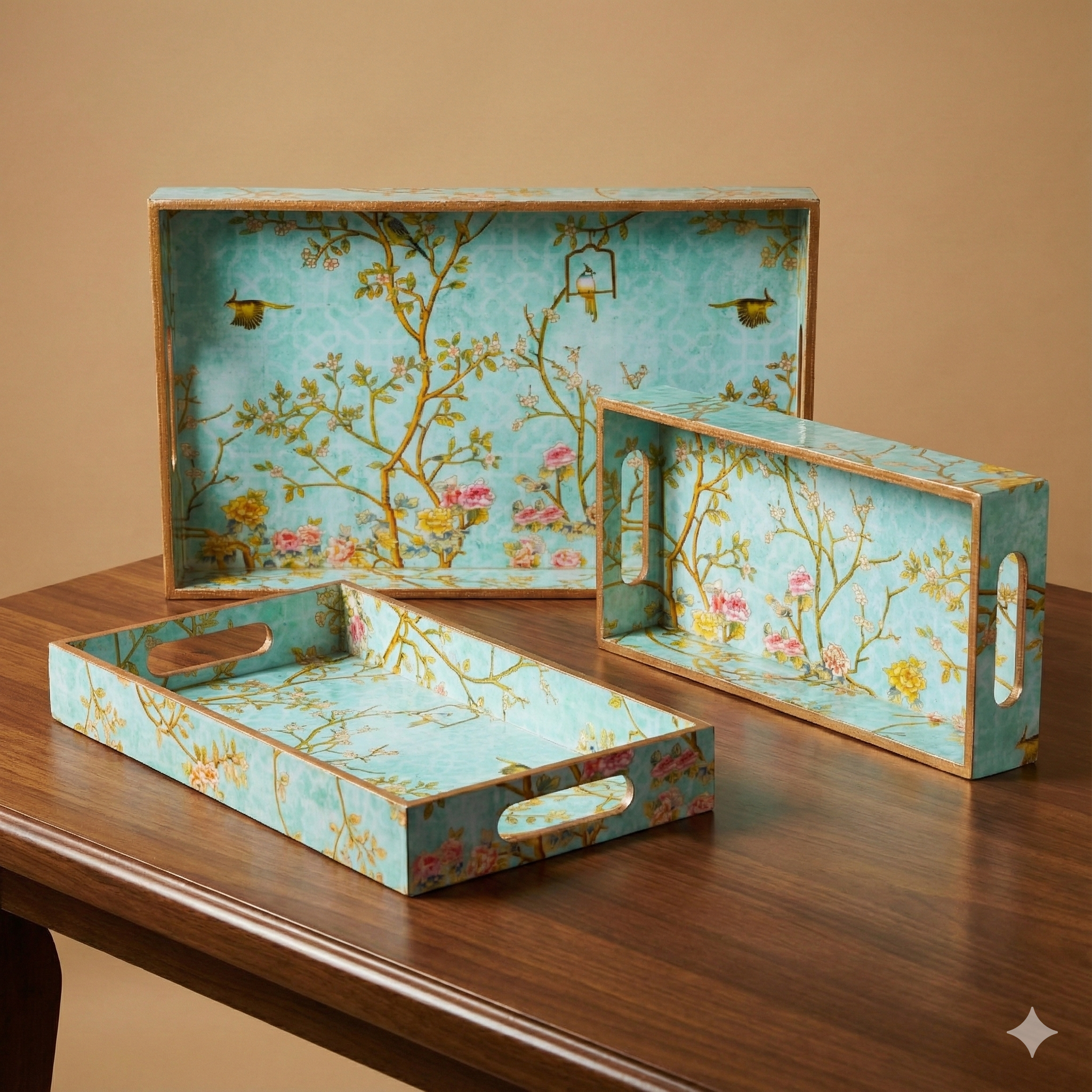 Green Set of 3 Rectangular Wooden Serving Trays 16", 14", 12"