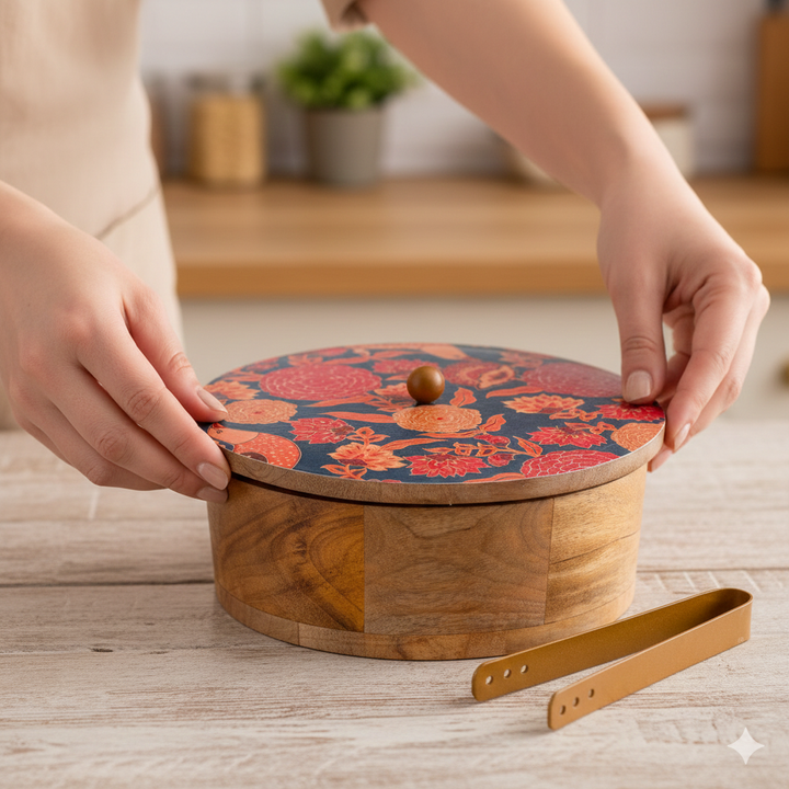 Wooden Casserole Set with Lid & Tong (9x9x3 Inches) | Premium Mango Wood Chapati Box for Kitchen & Dining Table | Handmade Hot Casserole Bowl for Roti, Bread & Food Storage