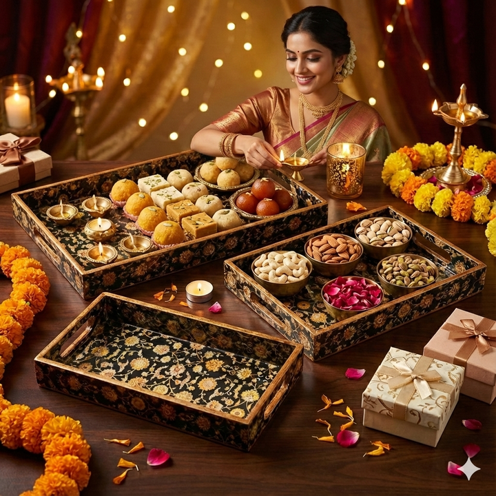 Black Design Set of 3 Rectangular Wooden Serving Trays (16", 14", 12") | Premium Mango Wood Tray Set for Kitchen, Dining, Tea/Coffee, Breakfast & Home Décor | Handcrafted Decorative Wooden Trays for Gift & Serving