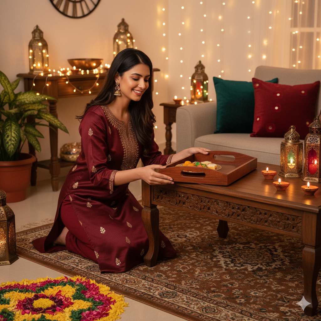 Large Wooden Serving Tray (40x27x7 cm) | Premium Mango Wood Rectangular Tray for Kitchen, Dining Table, Tea/Coffee, Breakfast & Party | Handcrafted Decorative Serving Platter for Home & Gifts