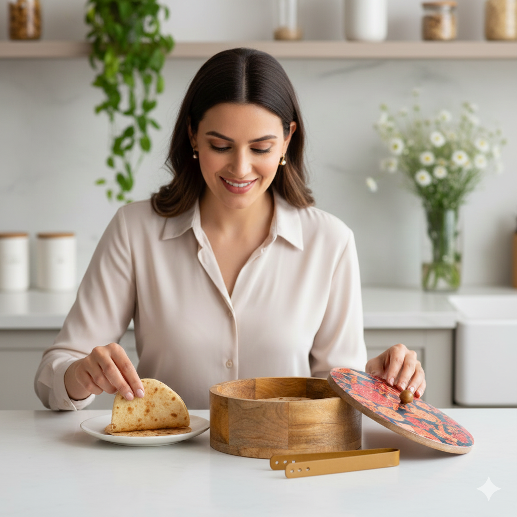 Wooden Casserole Set with Lid & Tong (9x9x3 Inches) | Premium Mango Wood Chapati Box for Kitchen & Dining Table | Handmade Hot Casserole Bowl for Roti, Bread & Food Storage