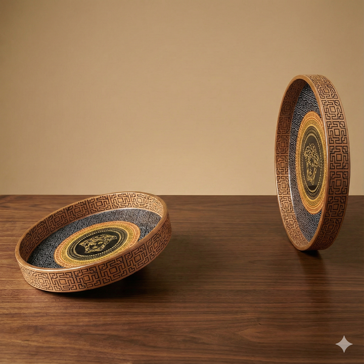 Set of 2 Round Wooden Serving Trays