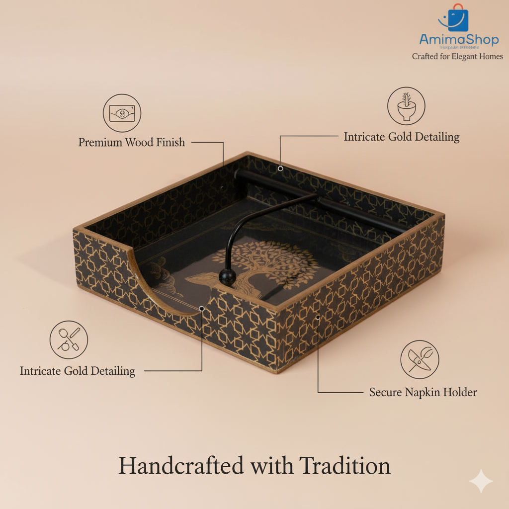 Wooden Napkin Holder for Dining Table | Handcrafted Tissue Holder Stand for Kitchen, Office & Home Décor | Wooden Tissue Paper Holder | Black Design (8 x 8 x 2.5 Inches)