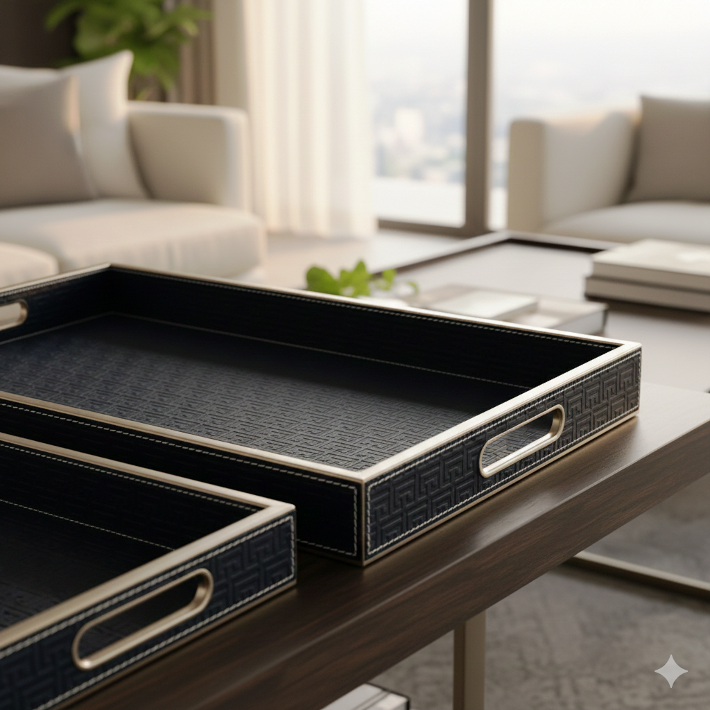 Wooden Tray Set of 2 | Rectangular Mango Wood Serving Trays | 18x12 & 16x10 Inch | Lather Finish | Decorative Kitchen, Dining & Coffee Table Tray