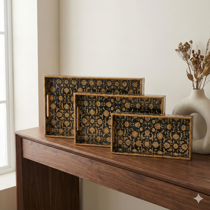 Black Design Set of 3 Rectangular Wooden Serving Trays (16", 14", 12") | Premium Mango Wood Tray Set for Kitchen, Dining, Tea/Coffee, Breakfast & Home Décor | Handcrafted Decorative Wooden Trays for Gift & Serving