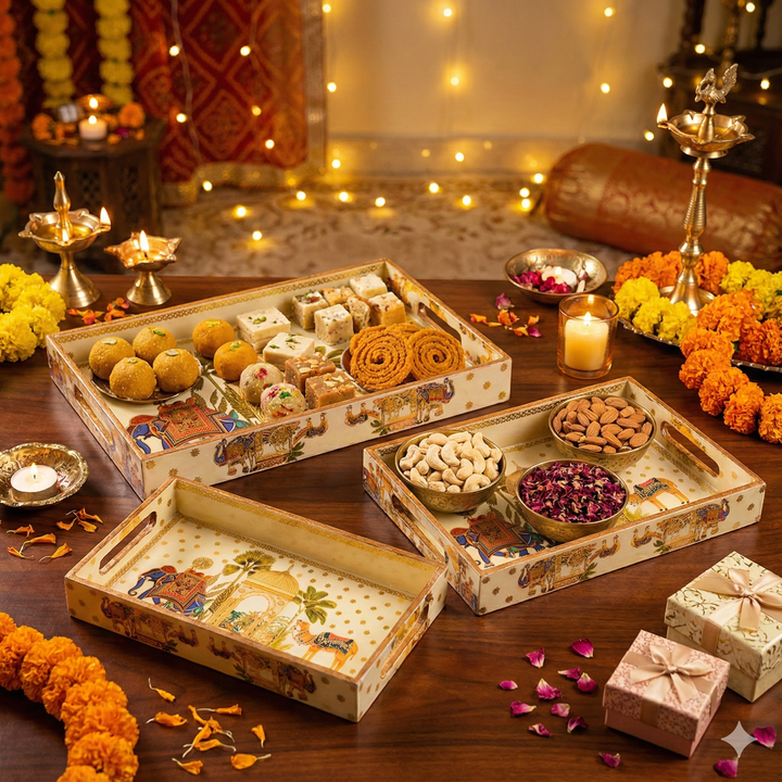 Camel Set of 3 Rectangular Wooden Serving Trays 16", 14", 12"