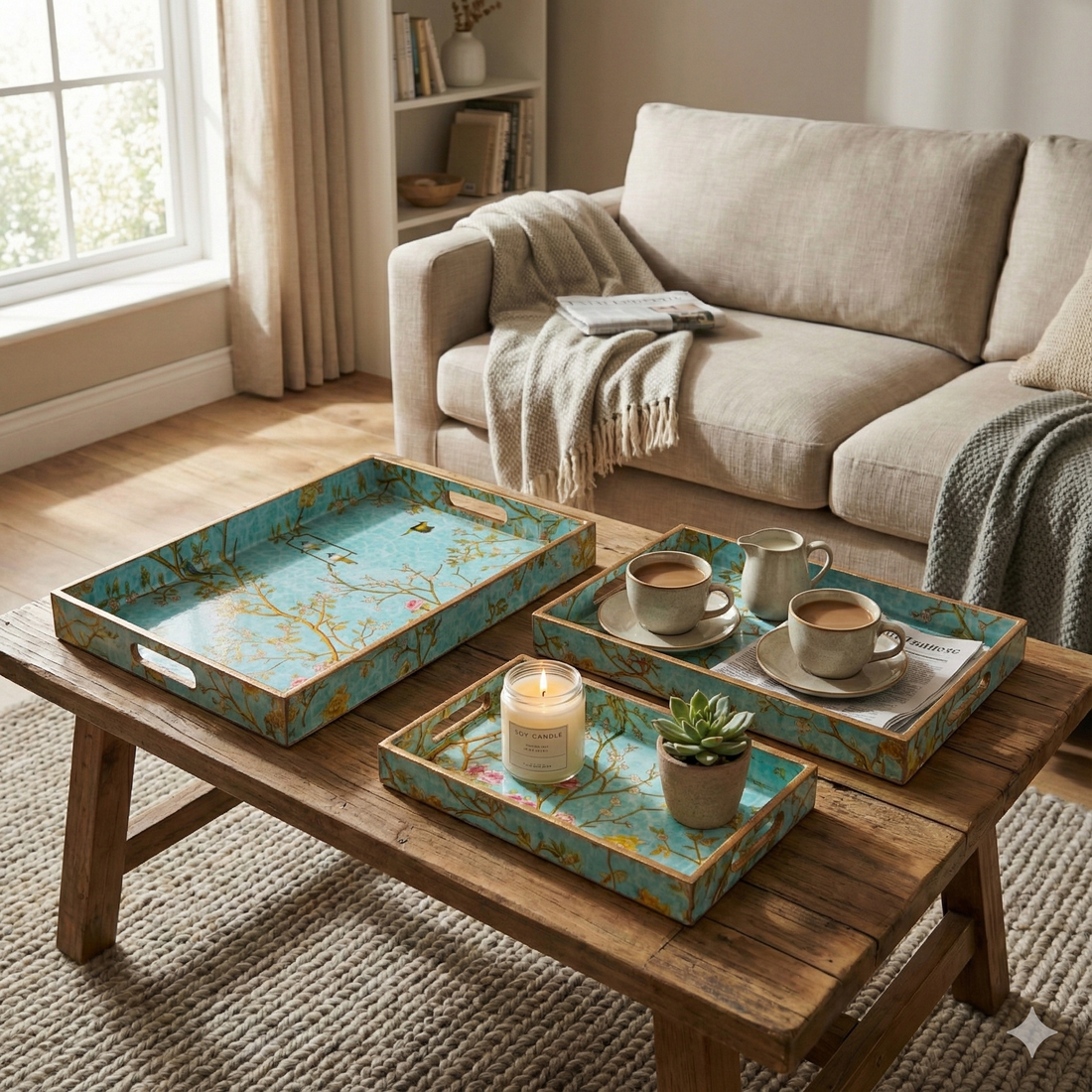 Green Set of 3 Rectangular Wooden Serving Trays 16", 14", 12"