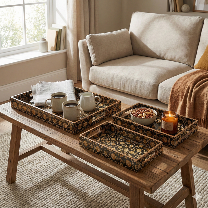 Set of 3 Wooden Serving Trays with Gold Engraving