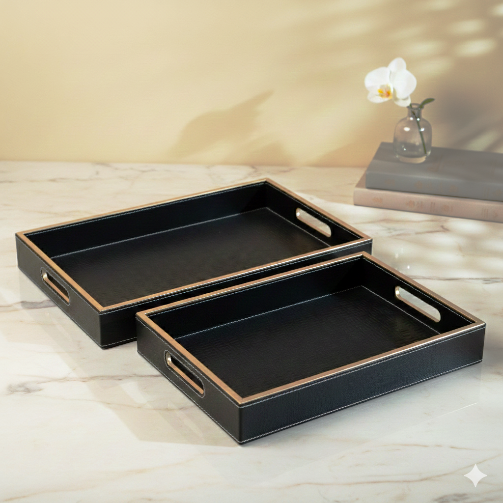 Wooden Tray Set of 2 | Rectangular Mango Wood Serving Trays | 18x12 & 16x10 Inch | Lather Finish | Decorative Kitchen, Dining & Coffee Table Tray