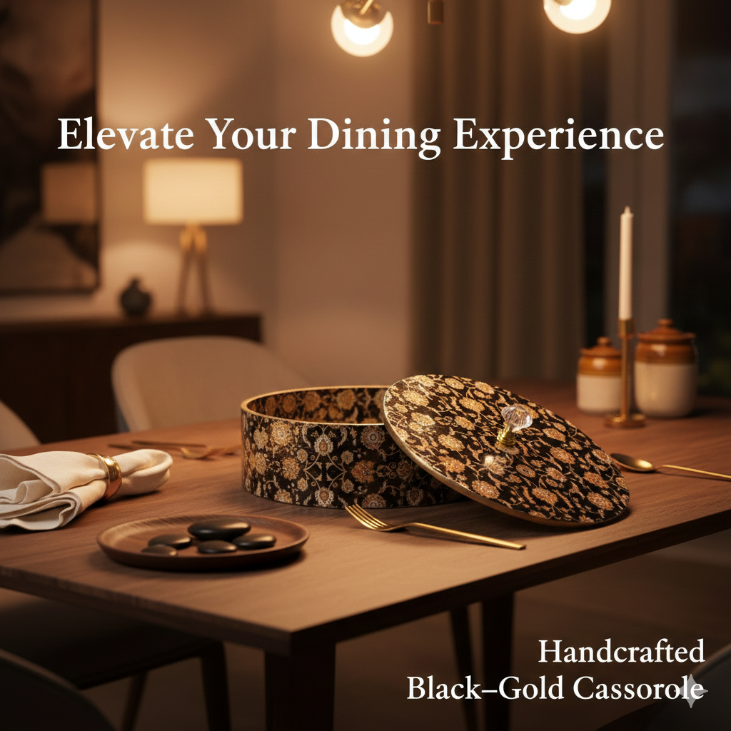 Wooden Casserole 2 Litre | Handcrafted Wooden Serving Bowl with Lid | Black Gold Design Hot Pot for Kitchen & Dining (Size 9x9x4 Inches)