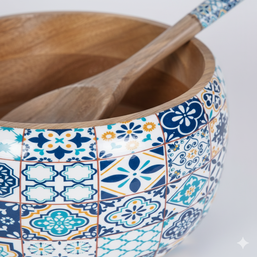 Mango Wooden Bowl with Spoon | Blue Floral Print Wooden Serving Bowl for Kitchen & Dining | Handcrafted Wooden Bowl for Salad, Snacks, Soup & Serving – 9x9x4 inch (with 8.5 inch Spoon)