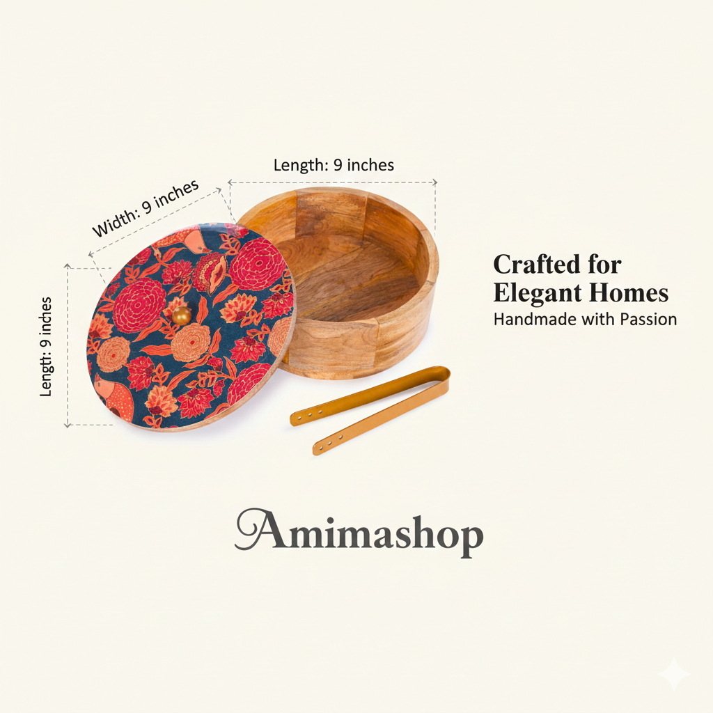 Wooden Casserole Set with Lid & Tong (9x9x3 Inches) | Premium Mango Wood Chapati Box for Kitchen & Dining Table | Handmade Hot Casserole Bowl for Roti, Bread & Food Storage