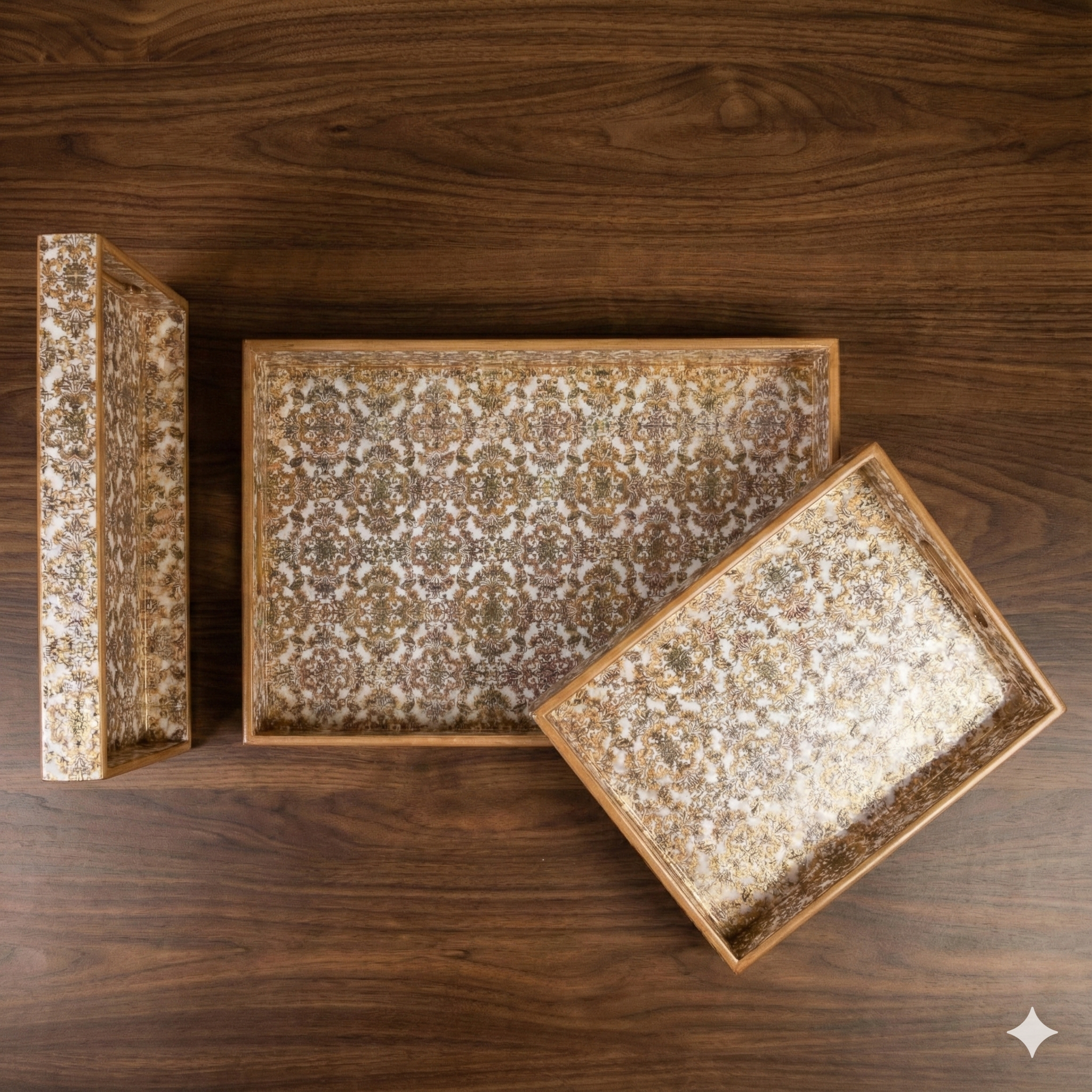 Gold Set of 3 Rectangular Wooden Serving Trays 16", 14", 12"