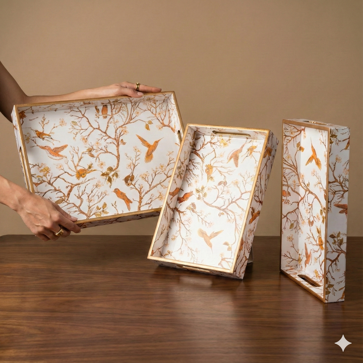 Off White Set of 3 Rectangular Wooden Serving Trays 16", 14", 12"