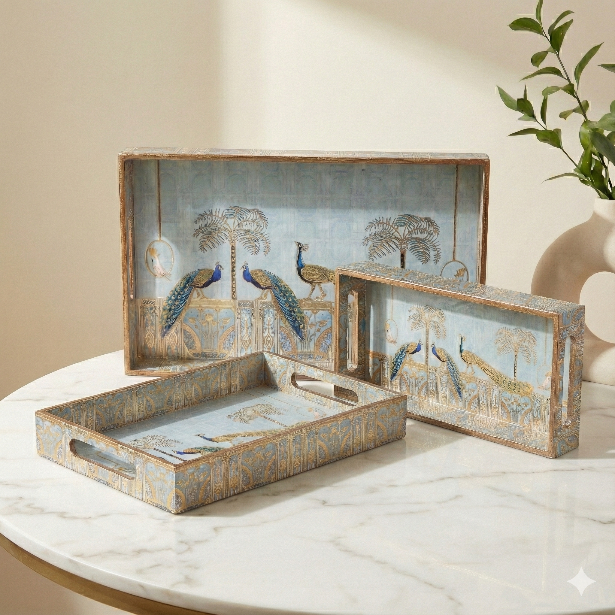 Amimashop® Peacock Set of 3 Rectangular Wooden Serving Trays 16", 14", 12"